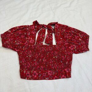 Band of the Free Crimson Pink Floral Smocked Puff Sleeve Crop Top | Size Small